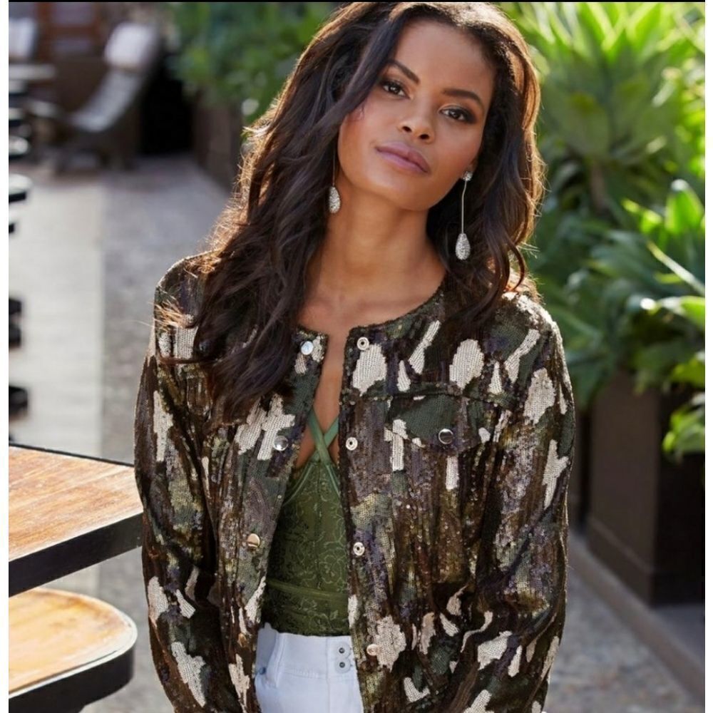 EUC Stunning Dolce Cabo Sequin Camouflage Bomber Jacket Sz L